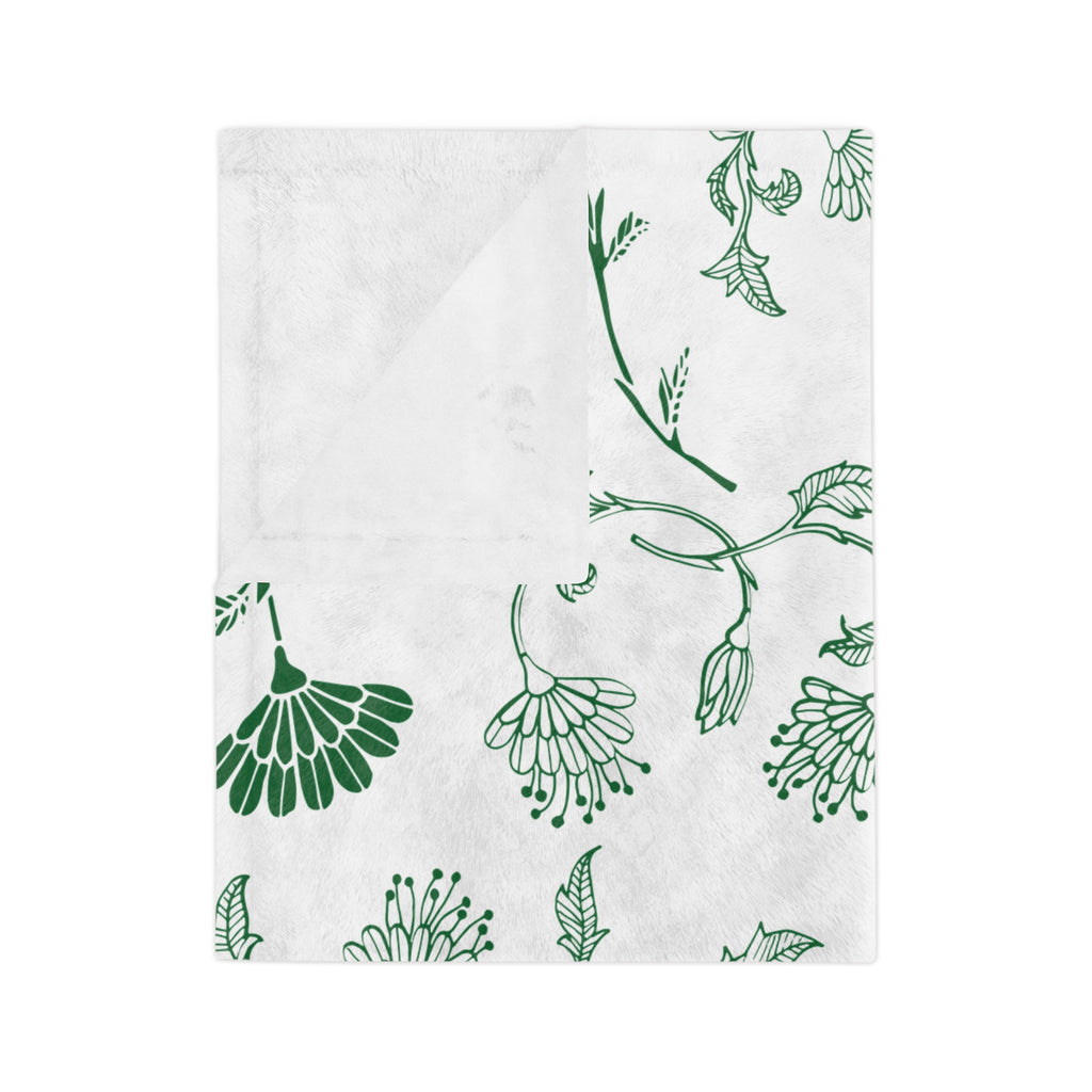 Botanical Print Velveteen Microfiber Blanket – Cozy Home Decor, Gifts for Friends, Floral Throw Blanket, Green and White