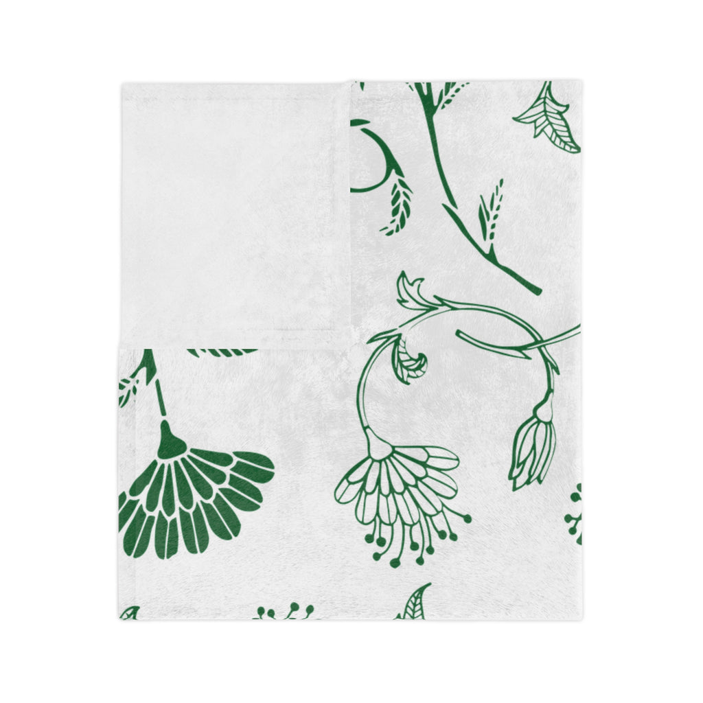 Botanical Print Velveteen Microfiber Blanket – Cozy Home Decor, Gifts for Friends, Floral Throw Blanket, Green and White
