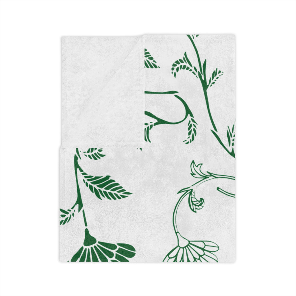 Botanical Print Velveteen Microfiber Blanket – Cozy Home Decor, Gifts for Friends, Floral Throw Blanket, Green and White