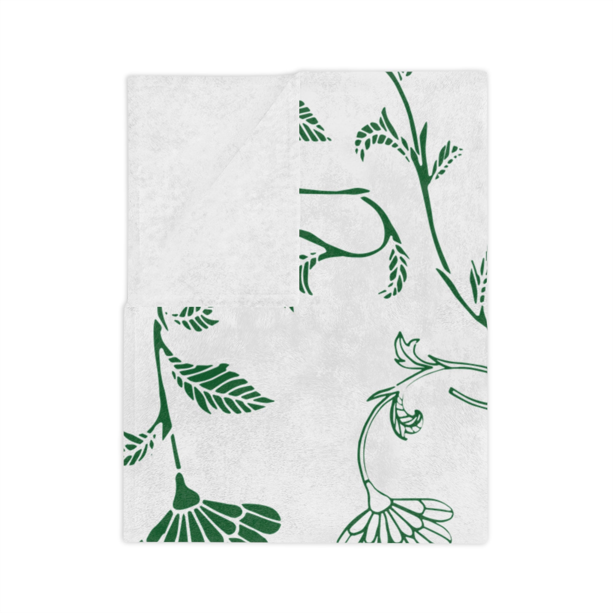Botanical Print Velveteen Microfiber Blanket – Cozy Home Decor, Gifts for Friends, Floral Throw Blanket, Green and White